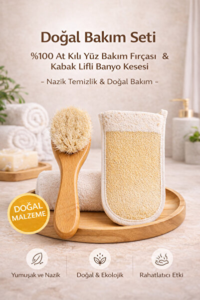 Doğal Bakım Seti - %100 At Kılı Yüz Fırçası ve Kabak Lifli Banyo Kesesi – Cilt Temizleme ve Peeling