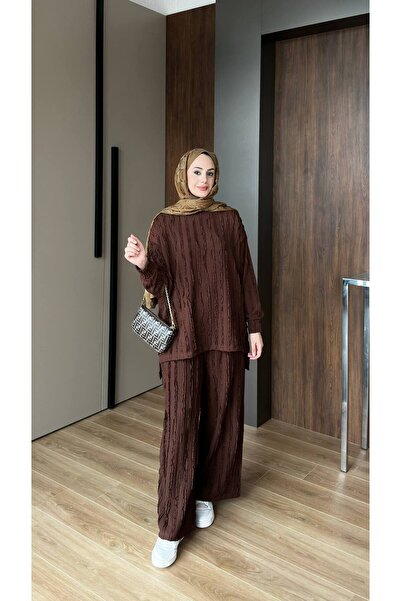 Mars Kahverengi ZR Model FırFır Detaylı Bluz - Geniş Paça Pantolon Rahat Takım