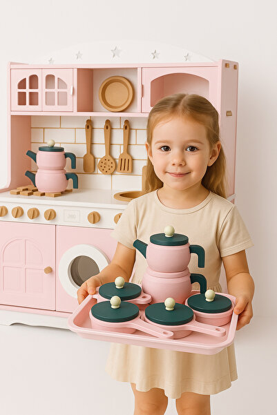 Empressco Ahşap Oyuncak Mutfak Seti 6 Parça Pembe Tencere Çaydanlık Seti DAHİ...