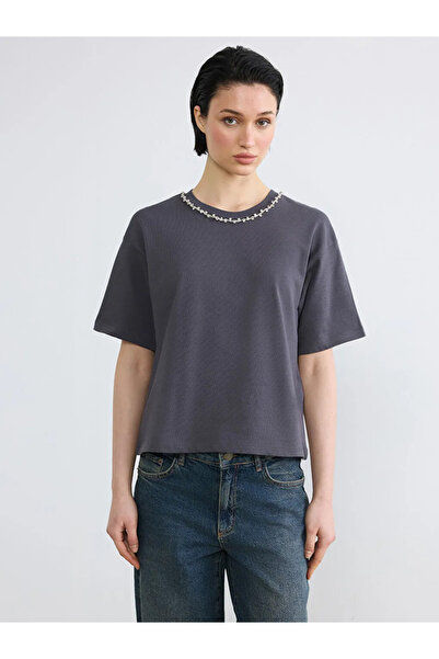 LC Waikiki Lcw vision anthracite bicycle collar stone women's t-shirt