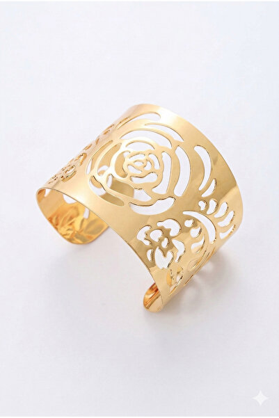 POEM JEWELLERY Gül Desenli Altın Renk Geniş Açık Manşet Bilezik 18 Ayar Kapla...