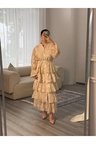 eyatelier Kat kat volanlı nakış işlemeli şifon elbise