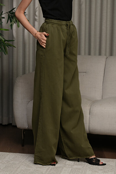 hendam Women's wide-leg trousers with an elasticated waist and raw hem - oliv...