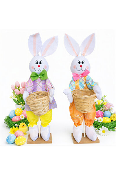 Issa 2 Iepurași Decorativ de Paște 45cm cu Coșuleț 7.5×7.5cm,din Lemn 10cm, P...