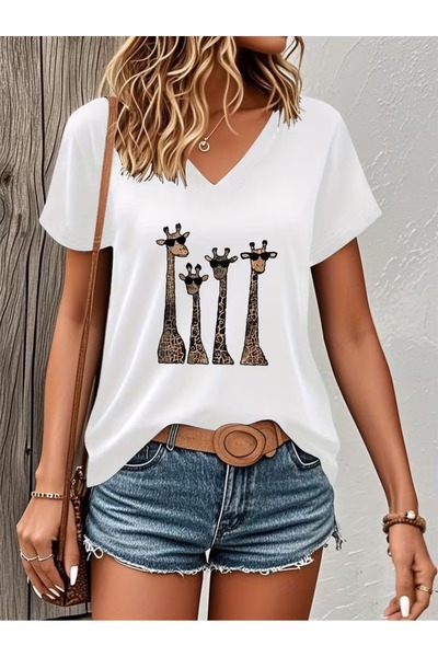 JENOLAN Tricou cu decolteu în V pentru femei, cu imprimeu cu girafă, alb/negr...