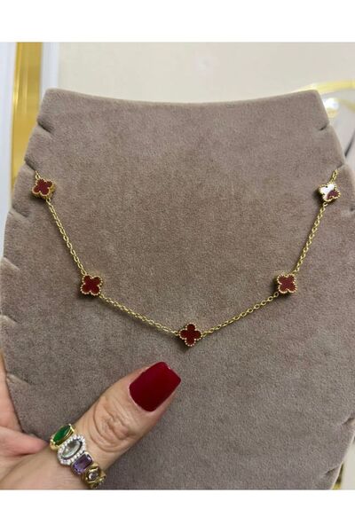 Floramour Çelik Mini Bordo Yonca Çift Taraflı Kolye