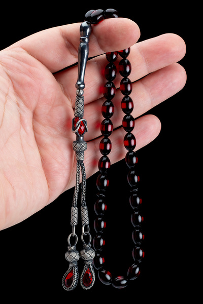 OTTOTESBİH Silver Tassel Silver Imame 8X12Mm Red Vermicelli Fire Amber Prayer...