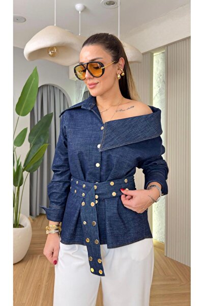 timagna Kadın Asimetrik Yaka Gold Düğme Detaylı Kuşaklı Denim Gömlek