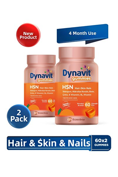 Dynavit Gummies Hsn Hair Skin Nails 60 Chewable Form X2 - Hydrolyzed Keratin,...