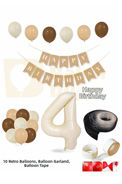 BALON DİYARI 4 Year Old Retro Birthday Set; Cream Number Foil, Banner, Tape C...