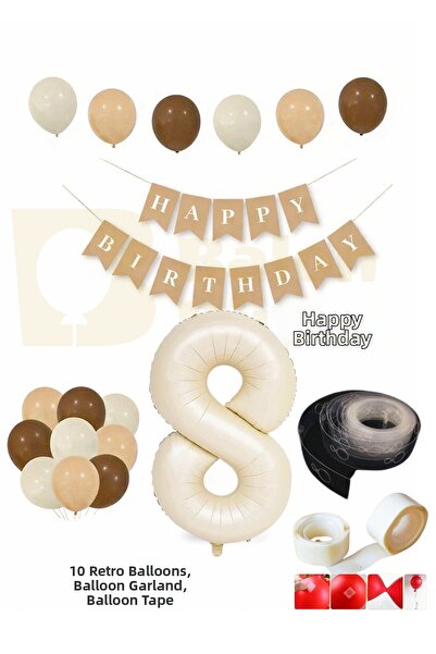 BALON DİYARI 8Th Birthday Retro Set; Cream Number Foil, Banner, High-Quality ...