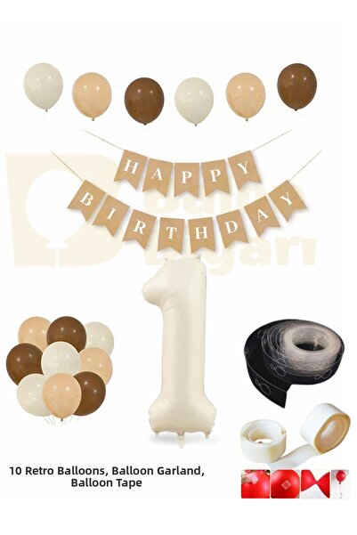 BALON DİYARI 1 Year Old Retro Birthday Set; Cream Number Foil, Banner, High-Q...