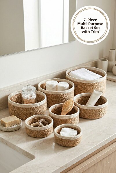 Morlay Terra 7-Piece Bordered Wicker Basket Set Bathroom Organizer Cotton Mak...