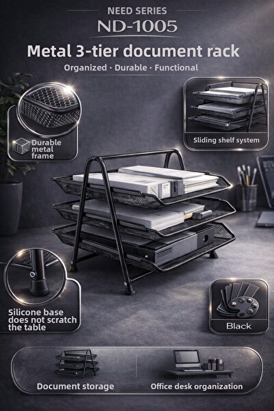 Need Черна метална телена стойка за документи с 3 нива Nd-1005