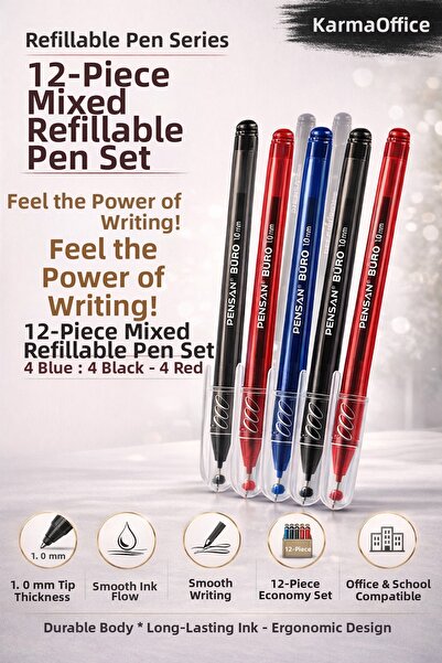 KarmaOfis 12-Piece Mixed Ballpoint Pen Set 1.0 mm – 4 Blue 4 Black 4 Red