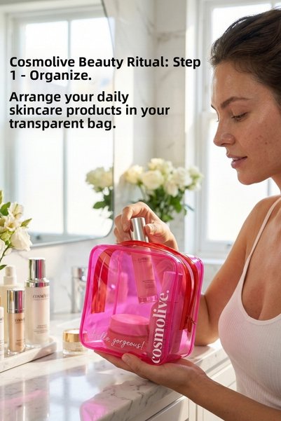 Cosmolive Transparent Travel Skin Care, Makeup and Cosmetic Organizing Bag Pvc Pink