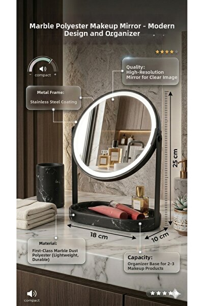 The Mia مرآة مكياج رخامية مع قاعدة بوليستر مقاس 18x10x25 سم