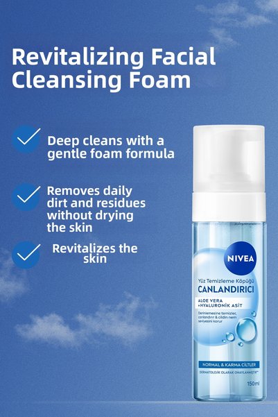 NIVEA Revitalizing Facial Cleansing Foam 150ml, Combination Normal Skin, Aloe Vera, Hyaluronic Acid, Refreshing
