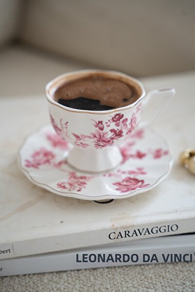 Dekorzdükkan Double Vintage Majenta Ç Floral Print Porcelain Turkish Coffee C...