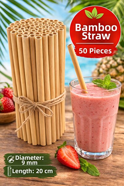 TOYFEST 50 Pieces of Bamboo Straws 9mm X 20cm Thick Smoothie Straws Natural E...