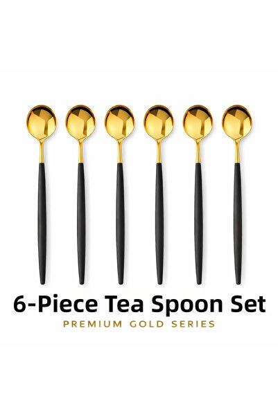 BAROTTİ Modern Gold Color Stainless Steel Teaspoon Set of 6, Matte Black Stra...