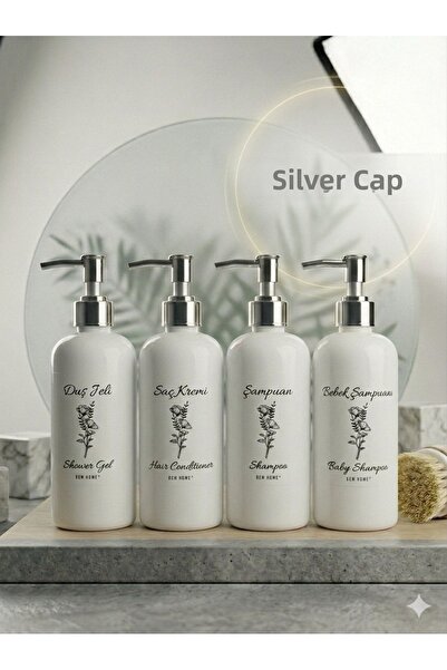 Dem Home Комплект от 4 бутилки за баня със сребърни капачки, бял цвят, 500 мл...