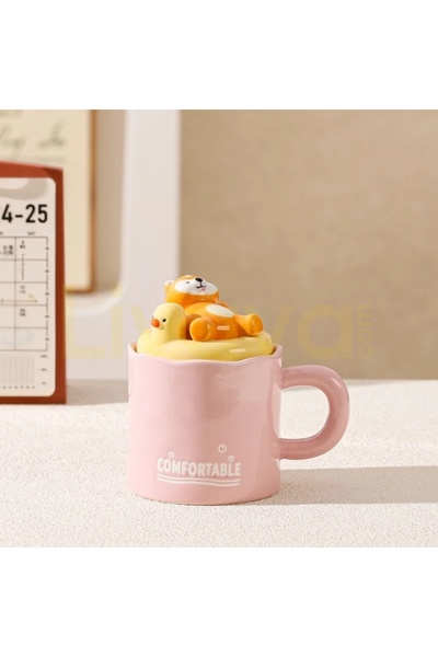 Livava Puppy-Themed Duck Ceramic Mug with Dog Figure, Lid and Spoon - Pink