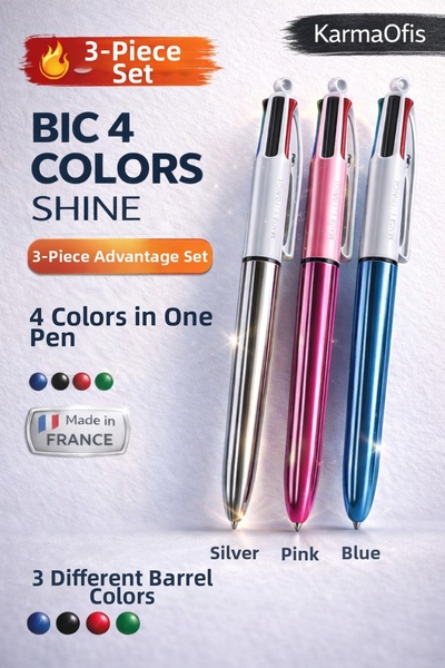 Bic 4 Colors Shine 3-Piece Ballpoint Pen Set–4 Color Pens (Blue, Black, Red, ...