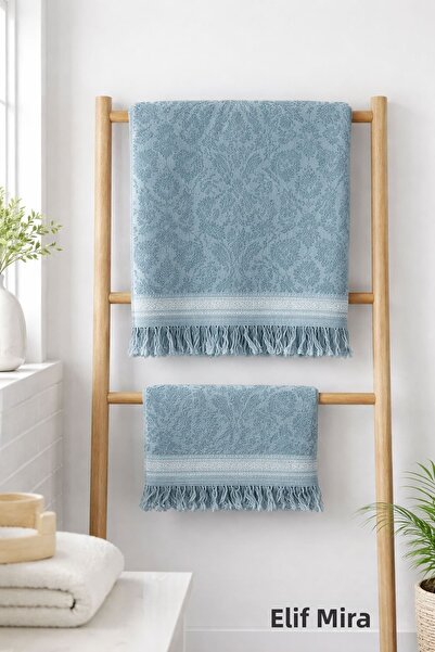 Elif Mira 2-Piece Bath and Hand Towel Set Fringed Embossed Patterned 100% Cot...