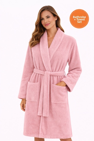PİAURA Women's Powder Cotton Piece Towel and Bathrobe Set Shawl Collar Soft-T...