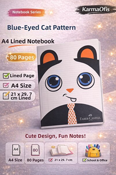 Faber Castell Cat Patterned A4 Striped Notebook 80 Sheets 1 Piece – Blue-Eyed...