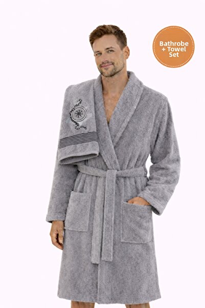 PİAURA Men's Anthracite Cotton Piece Towel Bathrobe Set Shawl Collar Soft-Tex...