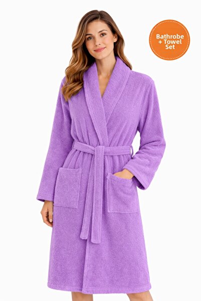 PİAURA Women's Lavender Cotton Piece Towel and Bathrobe Set Shawl Collar Soft...