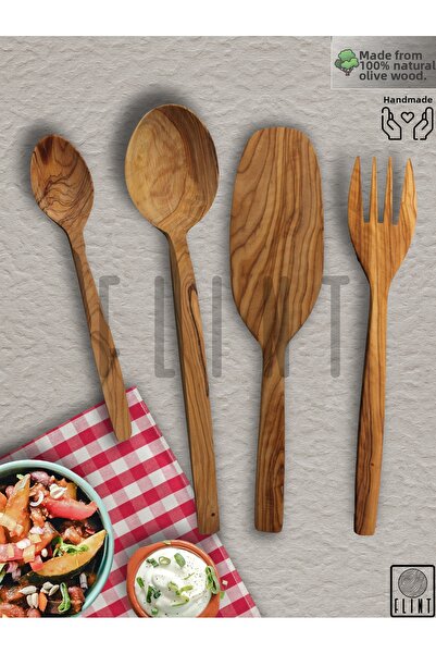 FLINT مجموعة ملونة زيتونية مكونة من 4 قطع - لوح خشبي وشوكة ملعقة وملعقة وخدما...