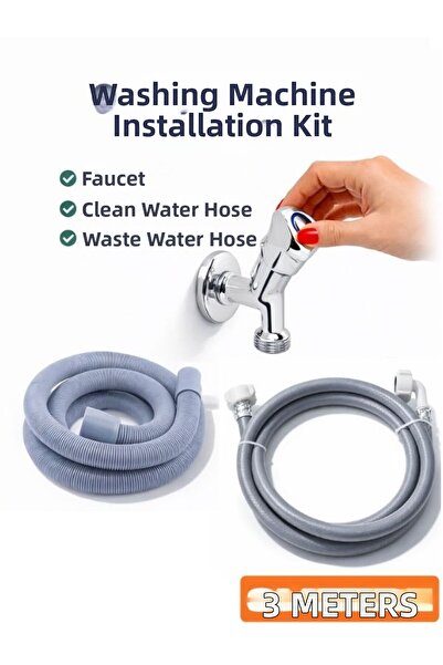 KCA ARMATÜR طقم تركيب الغسالة: صنبور + خرطوم مياه نظيفة 3 متر + خرطوم تصريف م...
