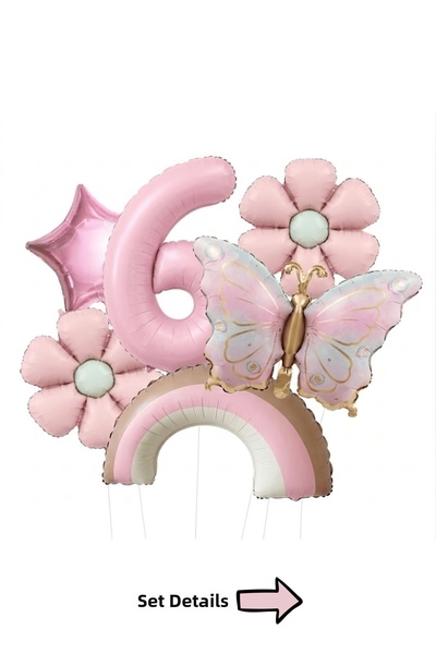 Bunloon 6 Year Old Retro Pink Daisy Rainbow Butterfly Themed Balloon Set Part...