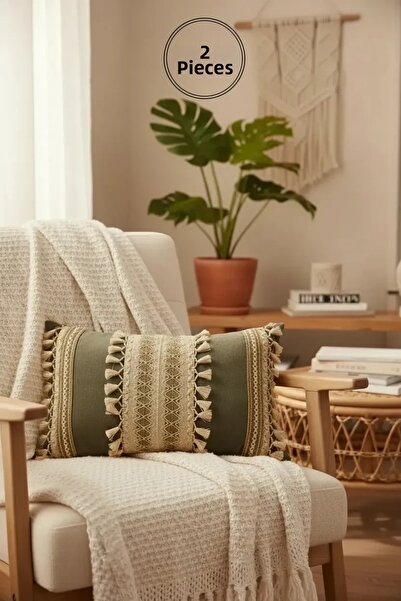 NDC HOME Gray Linen Triple Brown Lace Throw Pillow Cushion Cover