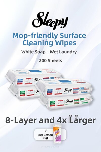 Sleepy منشفة تنظيف الأسطح 8 طبقات 4 × كبير 200 ورقة وقطن