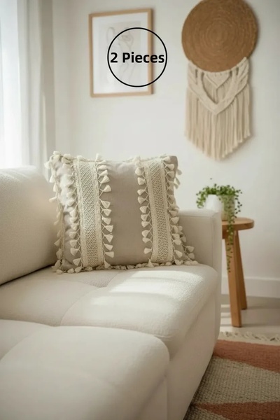 NDC HOME Beige Linen - Thick Lace and Pompom Detailed Throw Pillow (43x43)
