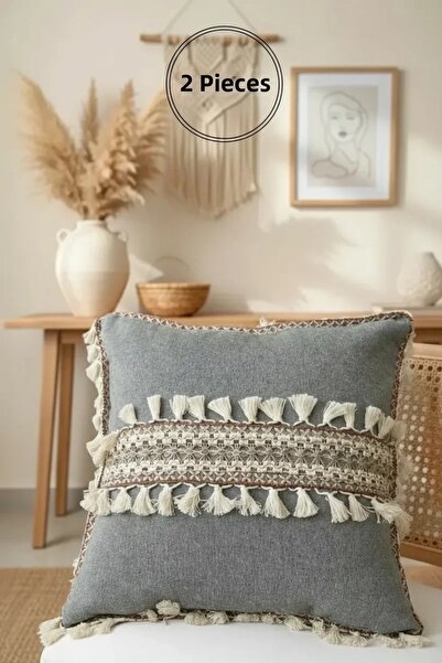 NDC HOME Anthracite Striped Pompom Throw Pillow Pillow Cover (43x43)