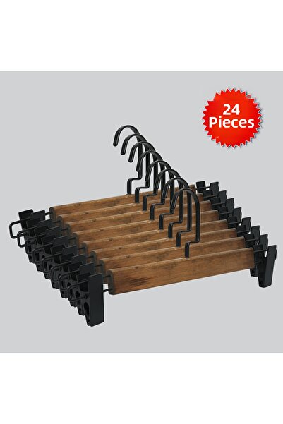 NYN Wooden (Black Hook Lama) Skirt and Trouser Hangers with Latches, 24 Pieces