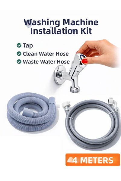 KCA ARMATÜR طقم تركيب الغسالة: صنبور + خرطوم مياه نظيفة 4 متر + خرطوم تصريف م...