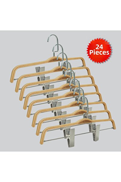 NYN Wooden 8178 (Silver Hooked Lama) Latched Skirt and Trouser Hangers 24 Pieces