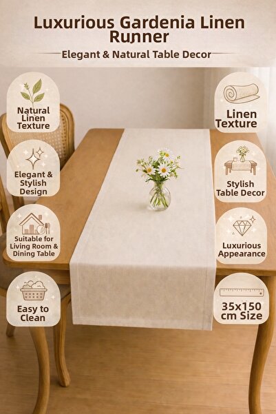 TECHTACT Luxury Gardenia Linen Runner 35X150 Cm, Stylish & Natural Table Deco...
