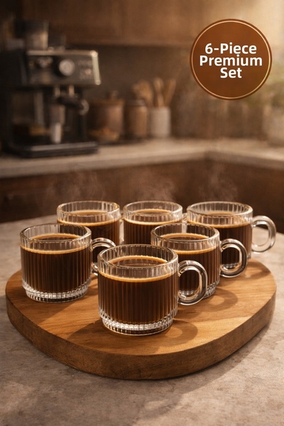 MEDUSHOP 6-Piece Glass Coffee Cup Set 160 ml with Handles Heat Resistant Stri...