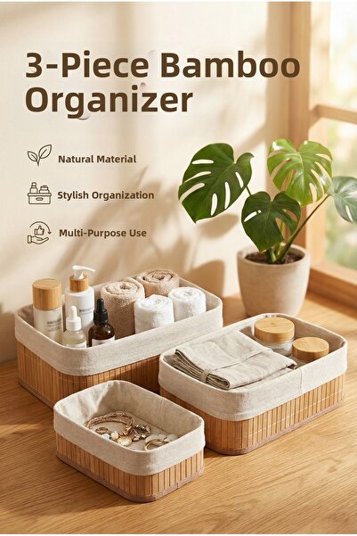 ERKUGO صندوق تخزين متعدد الأغراض مكون من 3 قطع مع بطانة سلة من الخيزران، سلة ...