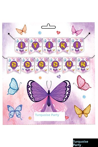 turkuaz parti Butterfly Happy Birthday Banner