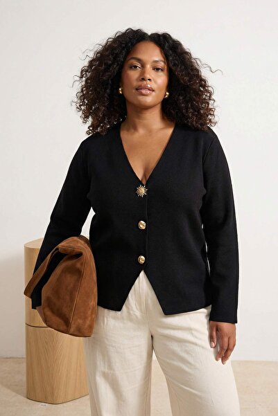 Trendyol Curve Crna jakna sa detaljnim dugmićima u trendu, pleteni kardigan T...