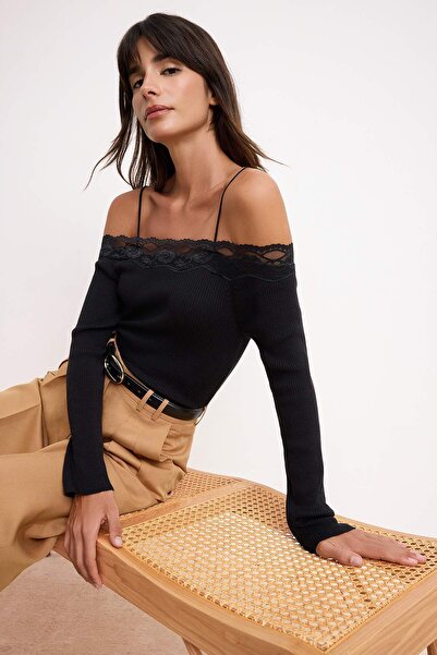 Trendyol Collection Black Lace Summer Special Yarn Knitwear Sweater Twoss26Kz...