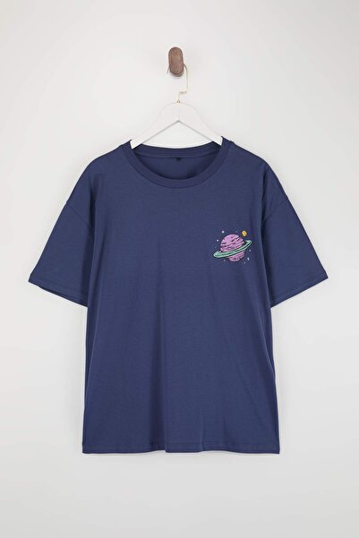 Trendyol Curve Indigo Galaxy Printed Oversize Fit Large Size T-Shirt Tbbss25B...